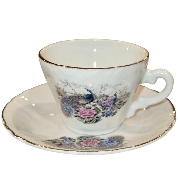 Heisei Japan Peacock Floral Porcelain Tea Set 15pc Gold Trim Teapot Cups Saucers - Picture 6 of 16